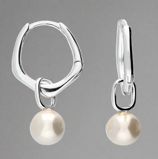 Sterling Silver Synth Pearl Charm Hoop Earrings